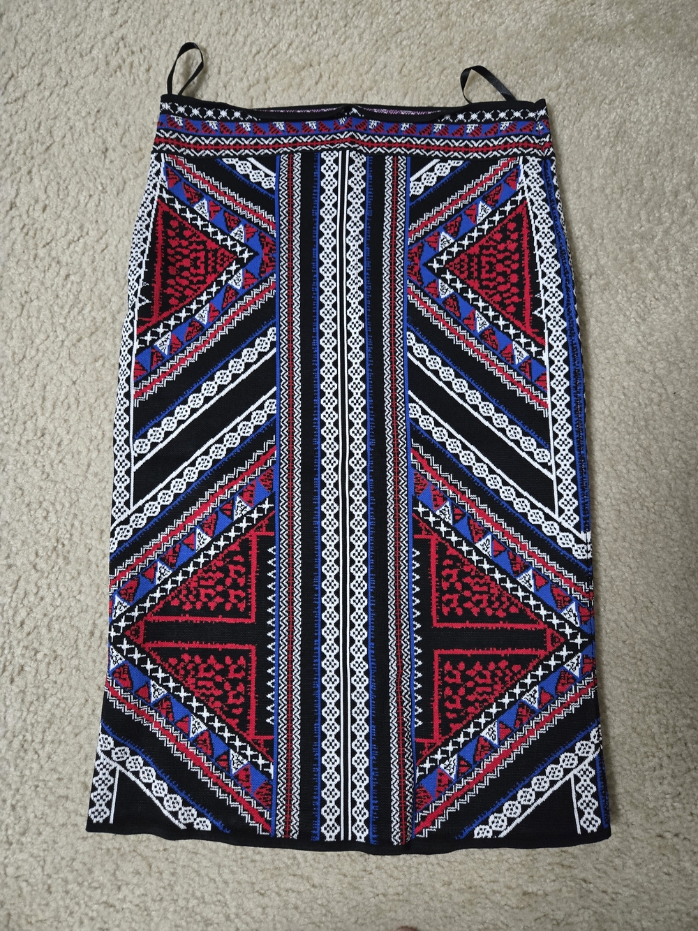 BCBG MAX Geometric Print Pencil Skirt in Black, Red & Blue size M